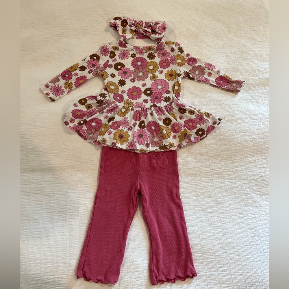 Angel Dear Peplum Top and Flare Pant Set w Headband- Retro Floral